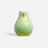 Decorated Mat vase with stylized tulips by Rose Fechheimer for Rookwood Pottery, 1905, carved and glazed earthenware, sold Jun 2023