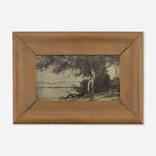 Edward T. Hurley for Rookwood Pottery, Along the Ohio (Rare Vellum plaque), 1914, glazed earthenware, original frame