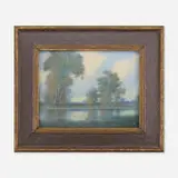 Large scenic Vellum plaque with landscape by Edward Diers for Rookwood Pottery, c. 1925, glazed earthenware, original frame, sold Jun 2023