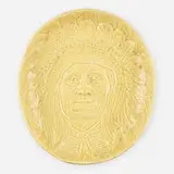 Rare Modeled Mat Native American chief portrait plate by Anna Marie Valentien for Rookwood Pottery, 1901, glazed earthenware, sold Jun 2023