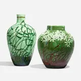 Max Laeuger for Tonwerke Kandern, Vases with stylized wild flowers, set of two, c. 1895, glazed earthenware with squeeze-bag decoration