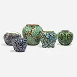 Max Laeuger, Collection of five vases with stylized leaves, 1921-29, glazed earthenware with squeeze-bag decoration