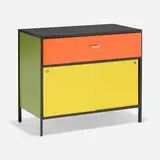Steelframe cabinet, model 4032 by George Nelson & Associates, 1950, enameled steel, lacquered masonite, lacquered wood, laminate, aluminum, sold Sep 2022