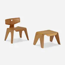 Child's chair and stool by Charles and Ray Eames, 1944, birch plywood, sold Sep 2022
