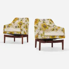 Jens Risom, Swivel lounge chairs, pair, 1963, upholstery, walnut