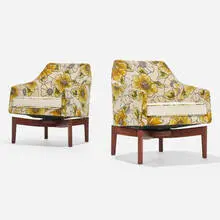 Swivel lounge chairs, pair by Jens Risom, 1963, upholstery, walnut, sold Sep 2022