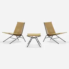 Allan Gould, Lounge chairs, pair and stool, 1952, enameled steel, hemp cord
