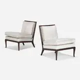 T. H. Robsjohn-Gibbings, Slipper lounge chairs, pair, c. 1955, upholstery, lacquered wood