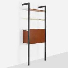 CSS (Comprehensive Shelving System) by George Nelson & Associates, 1959, walnut, enameled aluminum, aluminum, enameled steel, sold Sep 2022