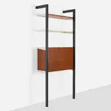 CSS (Comprehensive Shelving System) by George Nelson & Associates, 1959, walnut, enameled aluminum, aluminum, enameled steel, sold Sep 2022