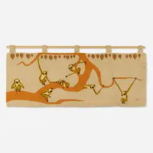 Monkeys tapestry by Evelyn Ackerman, 1961, hand-knotted wool, wood, sold Sep 2022