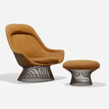 Warren Platner, Chair, model 1705 and ottoman, model 1709, 1966, bronze-plated steel, upholstery