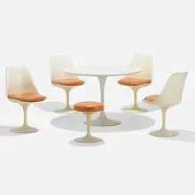 Tulip dining set by Eero Saarinen, enameled aluminum and steel, lacquered fiberglass, laminate over wood, vinyl, sold Sep 2022