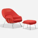 Womb chair and ottoman by Eero Saarinen, upholstery, chrome-plated steel, sold Sep 2022