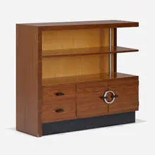 Bookcase, No. 3448 by Gilbert Rohde, 1934, East Indian laurel, maple, chrome-plated steel, lacquered wood, sold Sep 2022