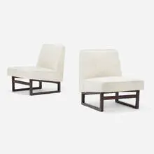Slipper lounge chairs, pair by Edward Wormley, c. 1955, stained mahogany, upholstery, sold Sep 2022