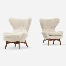 Adrian Pearsall, Wing chairs model 2231-C, pair, c. 1955, walnut, sheepskin