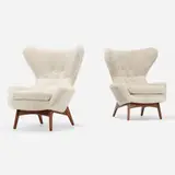 Adrian Pearsall, Wing chairs model 2231-C, pair, c. 1955, walnut, sheepskin