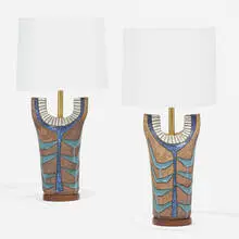 Brent Bennett, Table lamps, pair, c. 1970, glazed earthenware, walnut, brass, linen shades