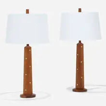Table lamps, pair by Gordon and Jane Martz, c. 1960, walnut, ceramic inlay, linen shades, brass, chrome-plated steel, sold Sep 2022