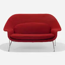 Womb settee by Eero Saarinen, 1946, upholstery, lacquered steel, sold Sep 2022
