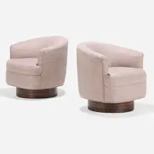 Swivel lounge chairs, pair by Milo Baughman, c. 1960, upholstery, zebrawood, sold Sep 2022