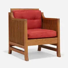 Dana lounge chair by Frank Lloyd Wright, oak, upholstery, sold Sep 2022