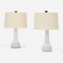 Table lamps, pair by Gordon and Jane Martz, c. 1955, glazed ceramic, walnut, linen, sold Sep 2022