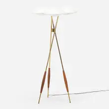 Gerald Thurston, Floor lamp, c. 1955, brass, enameled aluminum, walnut, acrylic
