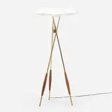 Gerald Thurston, Floor lamp, c. 1955, brass, enameled aluminum, walnut, acrylic