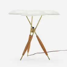 Gerald Thurston, Table lamp, c. 1955, enameled steel, brass, walnut