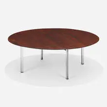 Parallel Bar coffee table by Florence Knoll, c. 1951, walnut, matte chrome-plated steel, steel, aluminum, sold Sep 2022