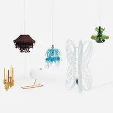Subscription Lamps II, set of six by Jorge Pardo, 2010, enameled steel, rubber, plastic, felt, brass, corrugated polyethylene, sold Jul 2022