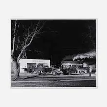 The Volunteer Fire Department and Train No. 2, Grottoes, Virginia by O. Winston Link, 1957, vintage gelatin silver print, sold Jul 2022