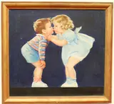 Young Boy and Girl Kissing by American School, Oil on canvas, sold Apr 2024