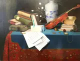 Still Life with Violin by American School, Oil on board, offered Apr 2024