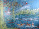 American School, Red Moon, Noted as an "Artist proof" and pencil signed by either "Joseph Bellan" or "Joseph Billan."