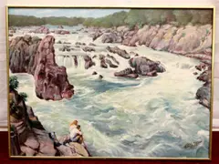 Alexander Yaron, Great Falls with Figures on Rocks, 1988, Oil on canvas-board