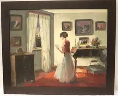 Bente Berg, Reading a Letter in the Piano Room, Oil on canvas board