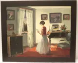 Bente Berg, Reading a Letter in the Piano Room, Oil on canvas board