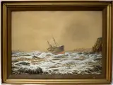 Continental School, Ship in a Stormy Sea, Mixed media on board (pastel, watercolor, pen)