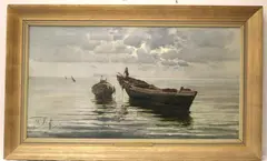 Andrea Coffa, Scene with Boats, 1878, Oil canvas