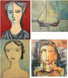 Four works: Three of profiles and one Boat by Oscar García Reino, Mixed media on board, sold Jun 2024