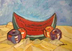 Mario Giacoya, Still life with Watermelon and Apples, 1991, Oil on board