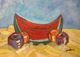 Mario Giacoya, Still life with Watermelon and Apples, 1991, Oil on board