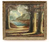 American School, Landscape Through Woods, Oil on Masonite
