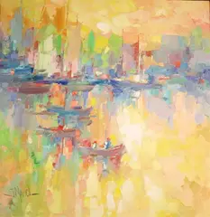 John Adamos Manol, Summer Landscape with Boats, Oil on canvas