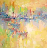 John Adamos Manol, Summer Landscape with Boats, Oil on canvas
