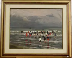 Arsen Shapanyan, Beach Scene with Figures Amid Crashing Waves, Oil on canvas