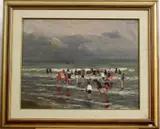 Arsen Shapanyan, Beach Scene with Figures Amid Crashing Waves, Oil on canvas